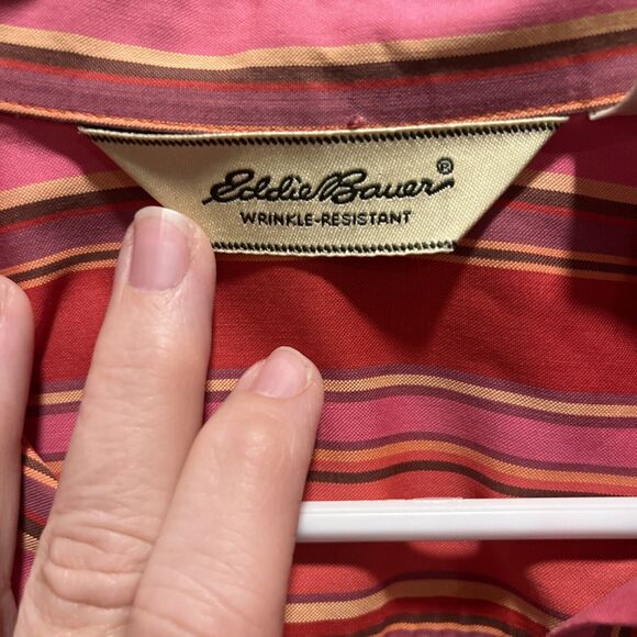 Eddie Bauer Women's Pink Striped Button Up L Wrinkle Resistant Preppy Colorful - Picture 2 of 11